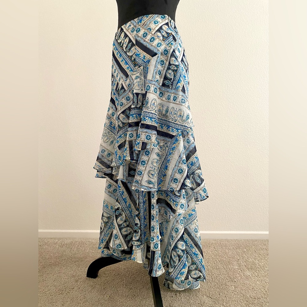 Karl Lagerfeld Blue and White Paisley High-Low Tiered Maxi Skirt
